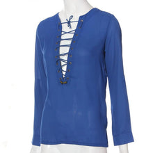 Womens V-Neck Chiffon Shirts Long Sleeve Loose Lace Up Blouse Tops  J4U66
