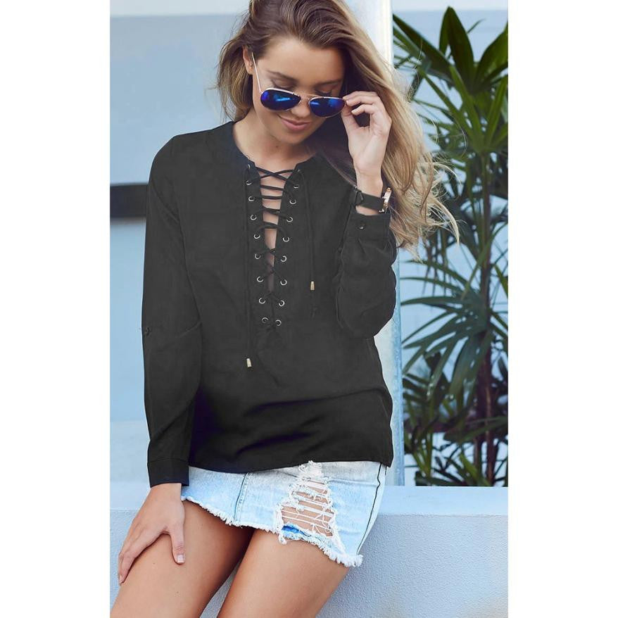 Womens V-Neck Chiffon Shirts Long Sleeve Loose Lace Up Blouse Tops  J4U66