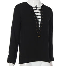 Womens V-Neck Chiffon Shirts Long Sleeve Loose Lace Up Blouse Tops  J4U66