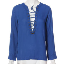 Womens V-Neck Chiffon Shirts Long Sleeve Loose Lace Up Blouse Tops  J4U66