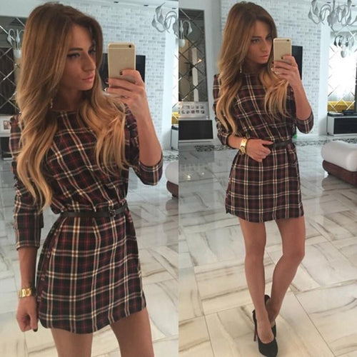 Fashion Elegant Red Plaid Long Sleeve Slim O-neck Fit Dress Contrast Lattice Dress Celebrity Women Dresses J4U66