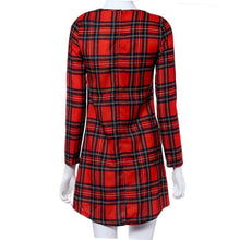Fashion Elegant Red Plaid Long Sleeve Slim O-neck Fit Dress Contrast Lattice Dress Celebrity Women Dresses J4U66