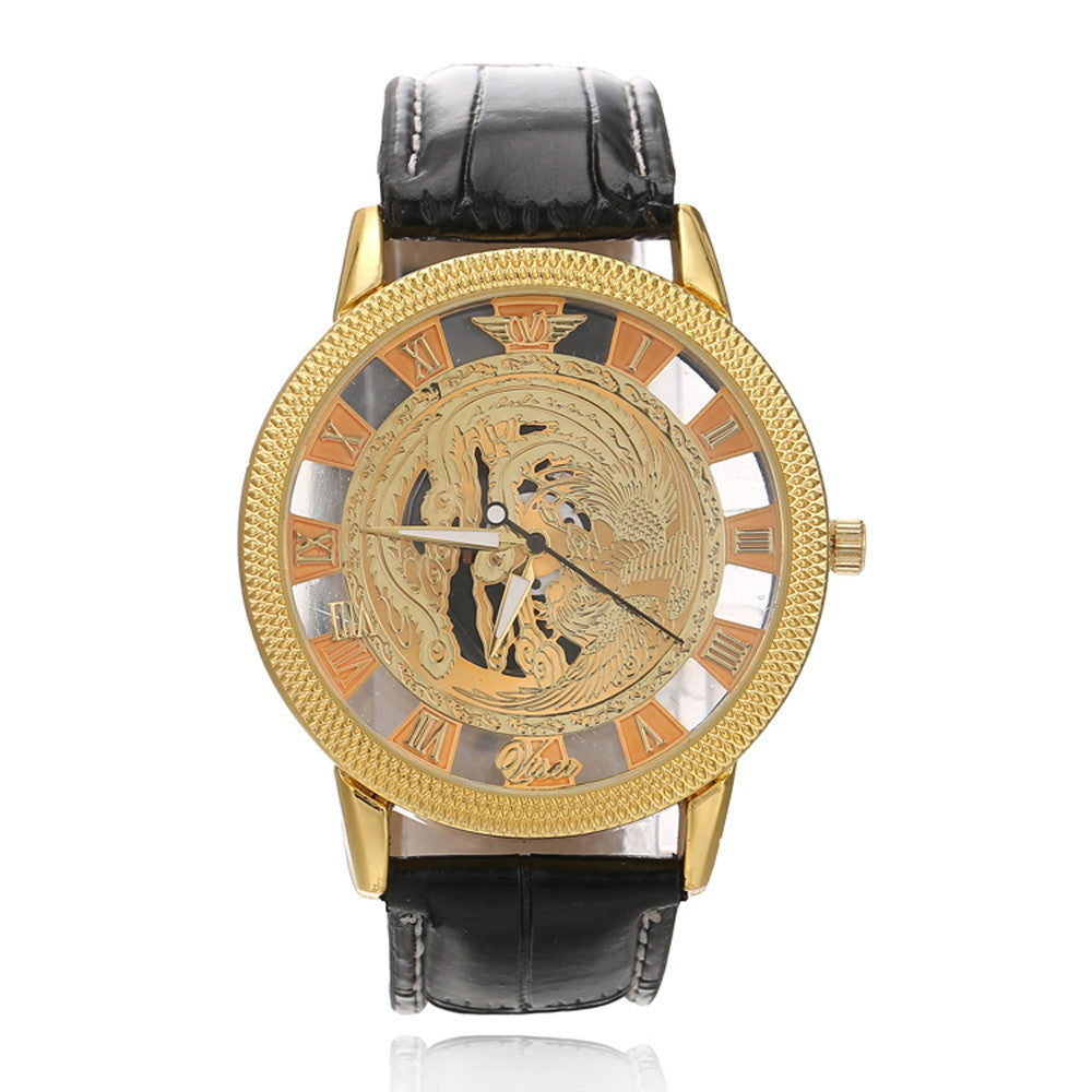 Fashion Luxury Phoenix Rome Digital Leather Hollow Dial Quartz Wrist Watch Business Clock  J4U66