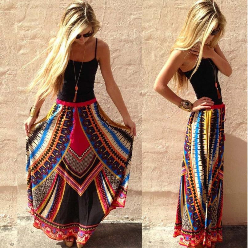 Fashion Women Vintage Print Bohemian Maxi Long Waist Skirts Plus Size  J4U66