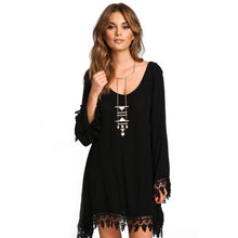 Asymmetric Clothing O-Neck Casual Women Black Long Sleeve Tassels Loose Mini Dress J4U66