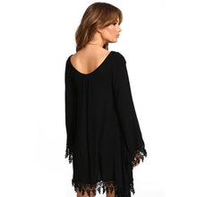 Asymmetric Clothing O-Neck Casual Women Black Long Sleeve Tassels Loose Mini Dress J4U66