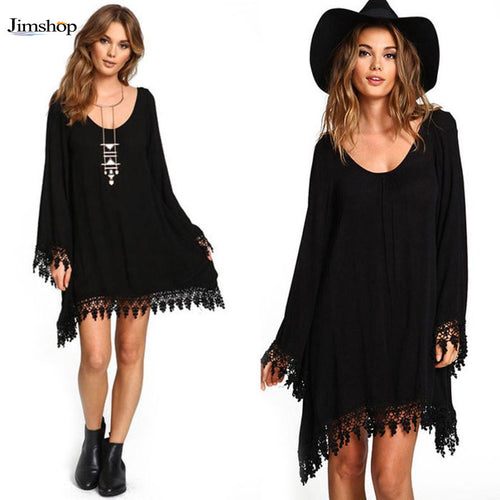 Asymmetric Clothing O-Neck Casual Women Black Long Sleeve Tassels Loose Mini Dress J4U66