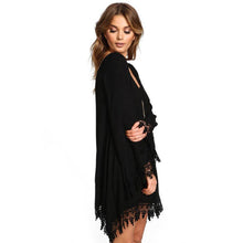 Asymmetric Clothing O-Neck Casual Women Black Long Sleeve Tassels Loose Mini Dress J4U66