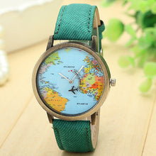 Women Global Travel By Plane Map Fashion Dress Watch Denim Fabric Band Wrist Watches J4U66