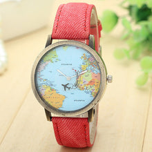 Women Global Travel By Plane Map Fashion Dress Watch Denim Fabric Band Wrist Watches J4U66
