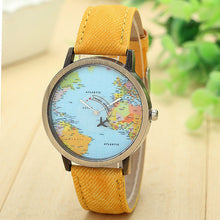 Women Global Travel By Plane Map Fashion Dress Watch Denim Fabric Band Wrist Watches J4U66