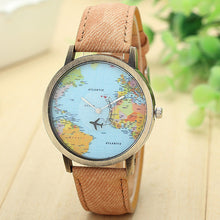 Women Global Travel By Plane Map Fashion Dress Watch Denim Fabric Band Wrist Watches J4U66
