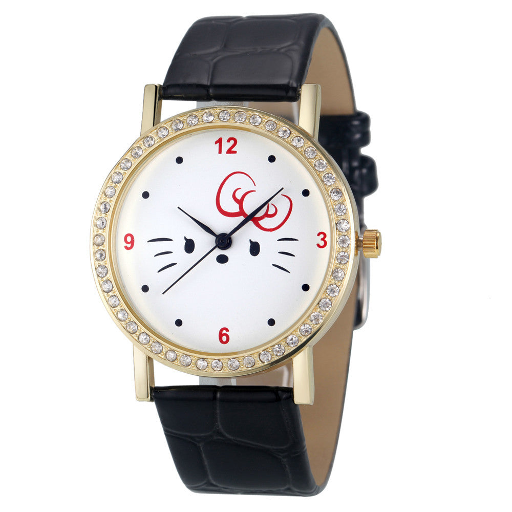 Fashion Women Diamond Cat Analog Leather Quartz Wrist Watch Watches&  J4U66