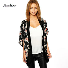 Kimono Cardigan Women Fashion Floral Printed Splice Chiffon Shawl Tops Cover up For Ladies Women Blouse Black J4U66