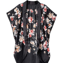 Kimono Cardigan Women Fashion Floral Printed Splice Chiffon Shawl Tops Cover up For Ladies Women Blouse Black J4U66