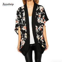 Kimono Cardigan Women Fashion Floral Printed Splice Chiffon Shawl Tops Cover up For Ladies Women Blouse Black J4U66