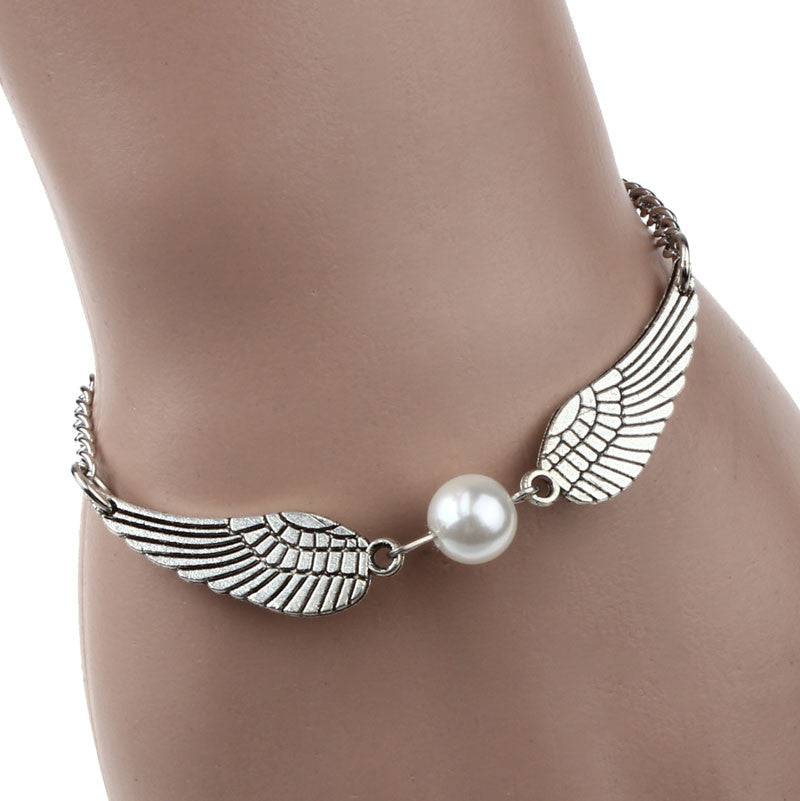 Fashion Silver Imitation Pearl Angel Wings Jewelry Dove Peace Bracelet for Women Lady Beauty Perfect Gift J4U66