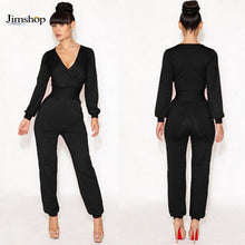 Jumpsuit women's overall sexy V Neck Long Sleeve fashion waist jumpsuit pants coveralls plus size J4U66