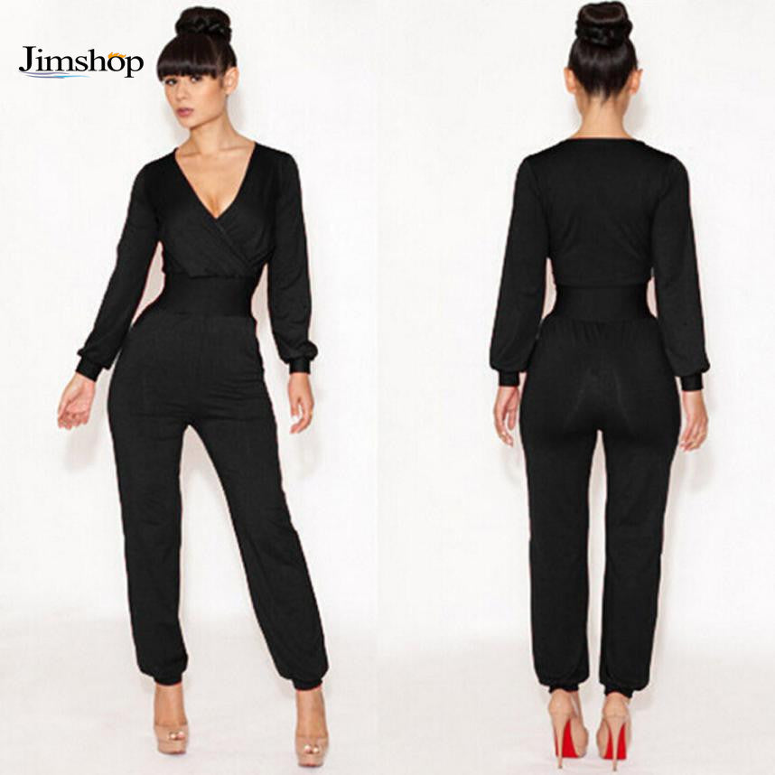 Jumpsuit women's overall sexy V Neck Long Sleeve fashion waist jumpsuit pants coveralls plus size J4U66