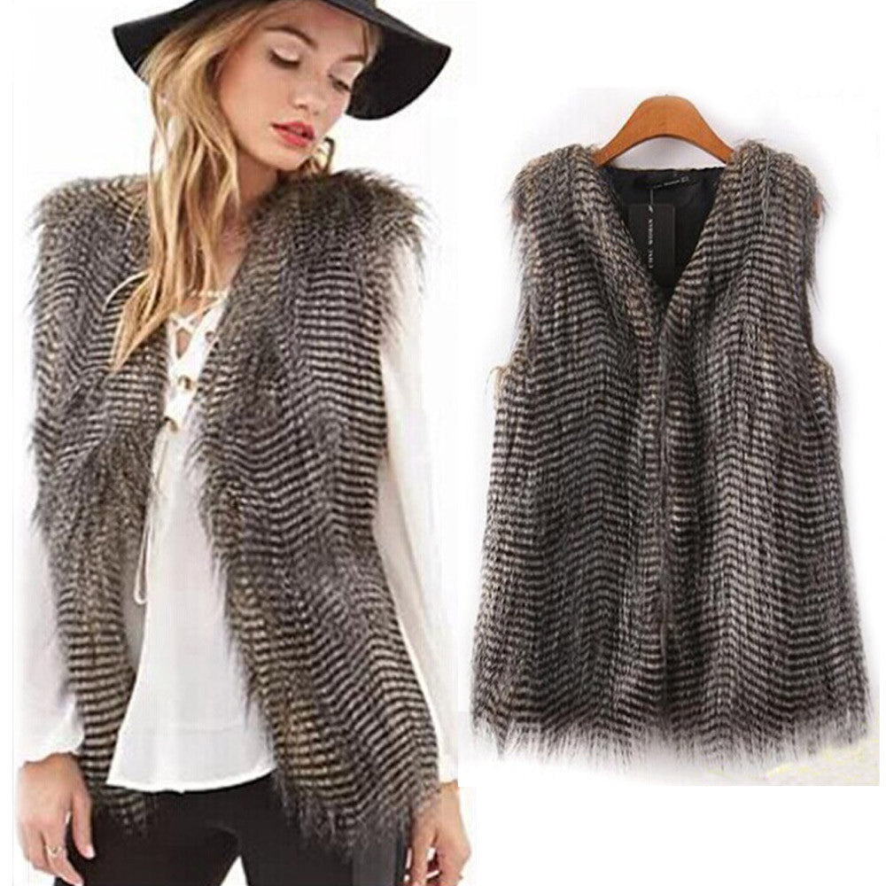 Plus Size Women VSleeveless Coat Outerwear Long Hair Jacket Waistcoat & J4U66