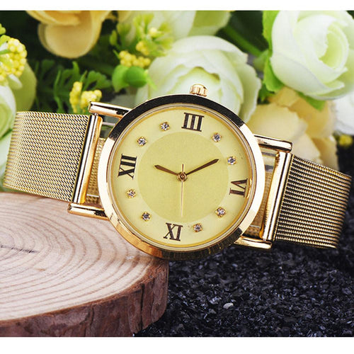 Classic Gold Womens Rhinestone Analog Quartz Stainless Steel Wrist Watch Watches&  J4U66