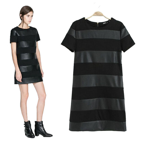 Black Women Slim Short Sleeve Leather Patchwork Casual Sexy Club Wear Bodycon Dress Plus Size J4U66