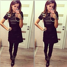 Black Women Slim Short Sleeve Leather Patchwork Casual Sexy Club Wear Bodycon Dress Plus Size J4U66