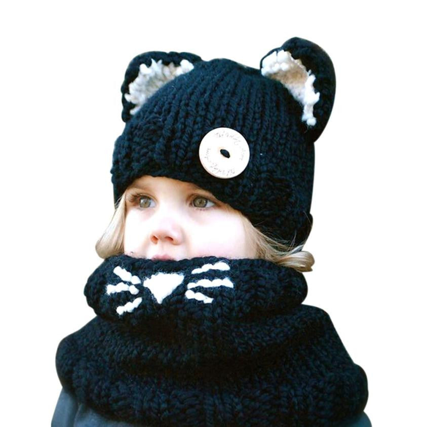 Wool Knitted Cat Hats Baby Girls Shawls Hooded Cowl Beanie Caps With Neck Wrap Kids' Gift J4U66