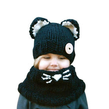 Wool Knitted Cat Hats Baby Girls Shawls Hooded Cowl Beanie Caps With Neck Wrap Kids' Gift J4U66