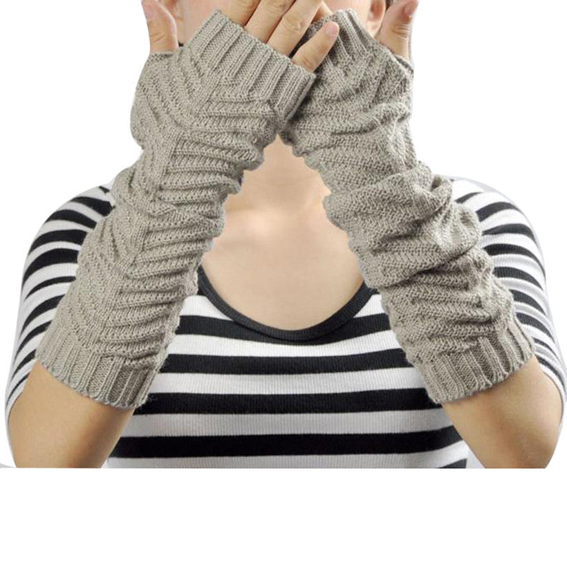Women Fingerless Knitted Gloves Arm Warmer Solid Color Gloves Half-finger Gloves J4U66