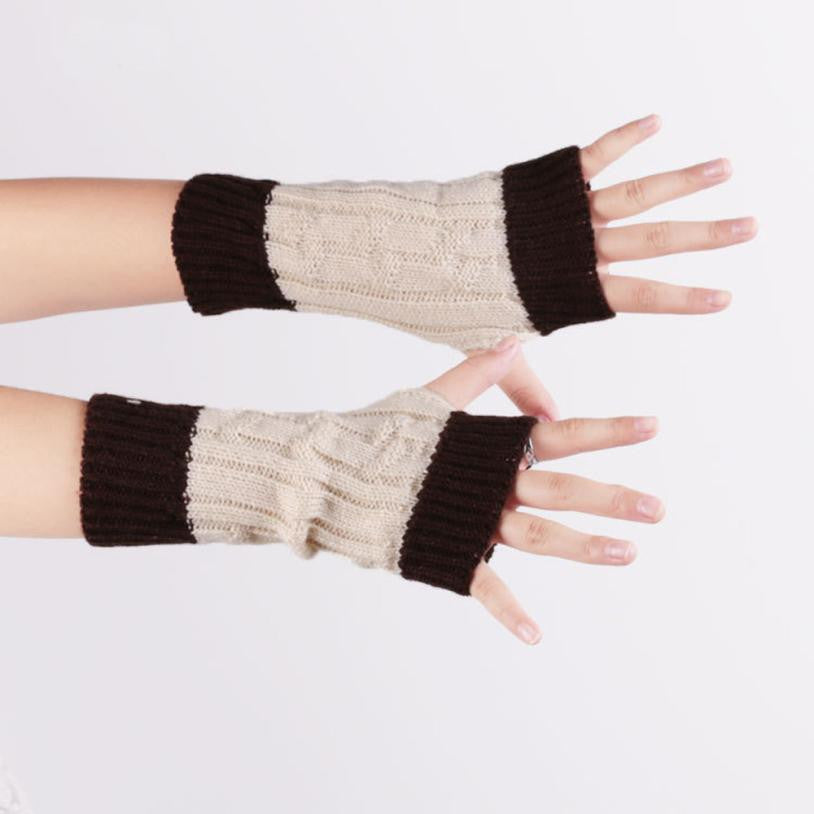 Patchwork Hand Long Mitten Gloves Women Knitted Wrist Arm Fingerless Gloves Unisex Soft Keep Warm J4U66