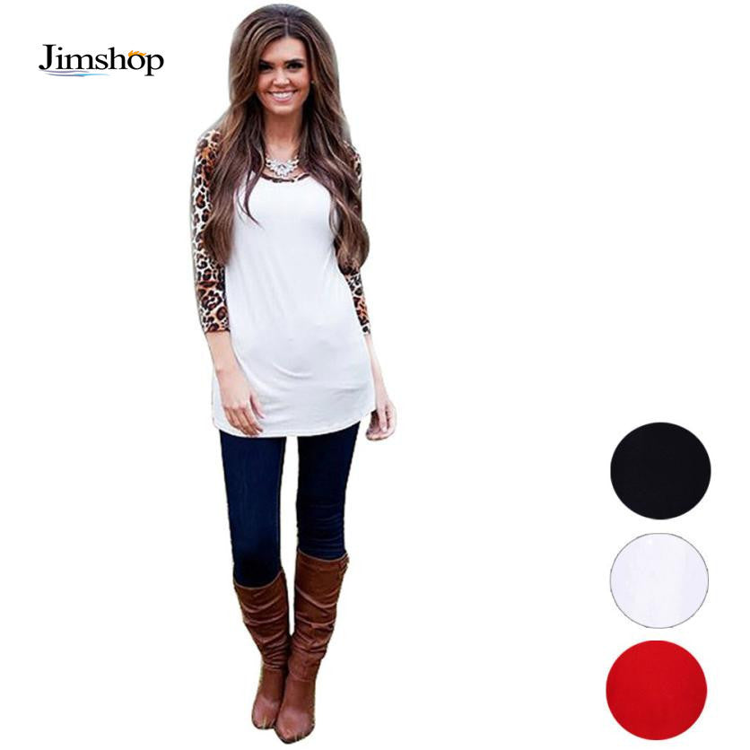 Sexy Women Leopard Splice Three Quarter Puff Sleeves Round-neck Loose Tops  J4U66