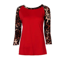 Sexy Women Leopard Splice Three Quarter Puff Sleeves Round-neck Loose Tops  J4U66