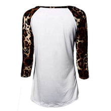 Sexy Women Leopard Splice Three Quarter Puff Sleeves Round-neck Loose Tops  J4U66