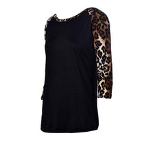 Sexy Women Leopard Splice Three Quarter Puff Sleeves Round-neck Loose Tops  J4U66