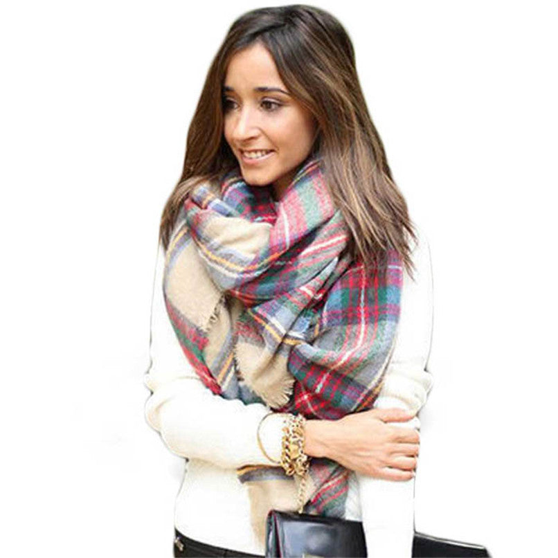 Top Korean Women Wool Blend Blanket Oversized Tartan Scarf J4U66