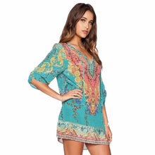 Women Dresses Ladies Three Quarter Sleeves Chiffon Vintage Print Loose Party Mini Dress J4U66