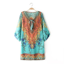 Women Dresses Ladies Three Quarter Sleeves Chiffon Vintage Print Loose Party Mini Dress J4U66