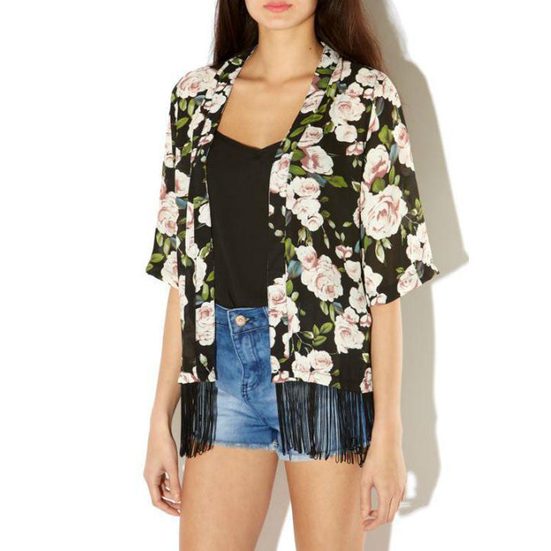 Women Chiffon Kimono Cardigan Tassel Regular Floral Print Blouse/Mujer Ropa Camisas Femininas  J4U66