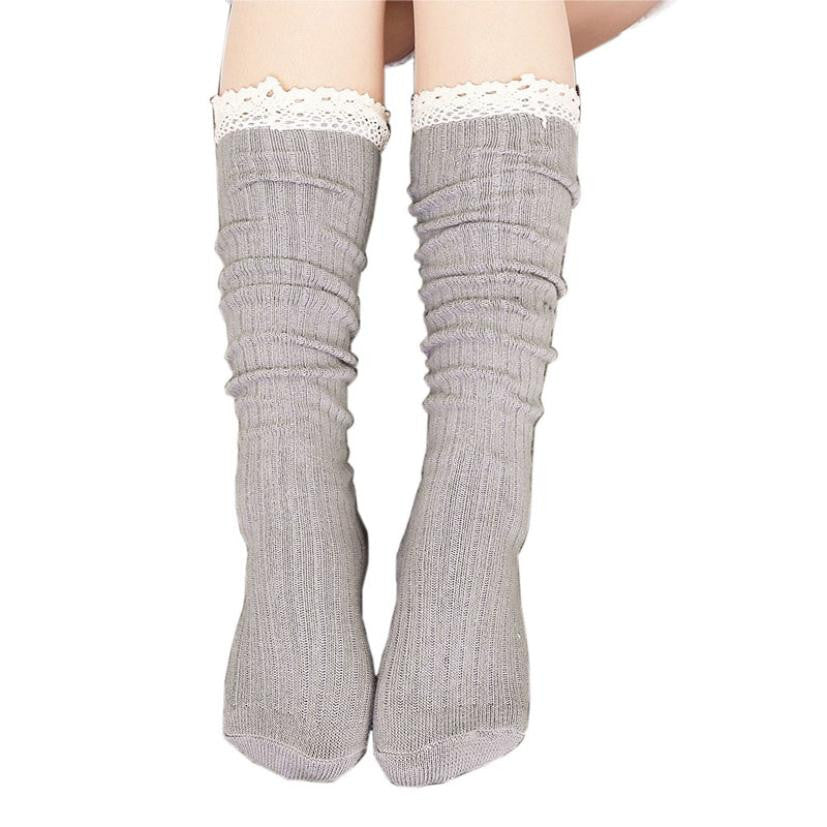 Women Clothing Women Crochet Lace Trim Cotton Knit Footed Leg Boot Knee High Stocking J4U66