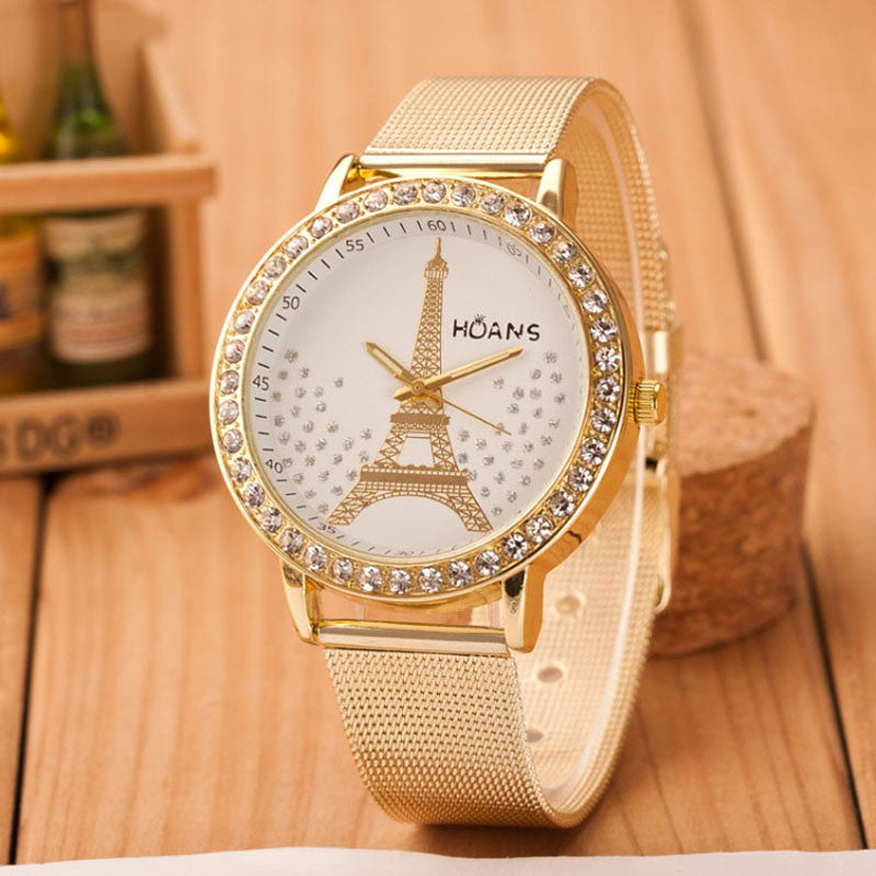Women Crystal Tower Gold Stainless Steel Mesh Band Ladies Wrist Watch Watches&  J4U66