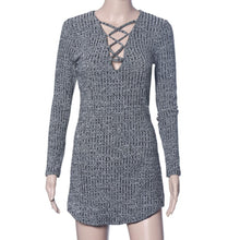 Women Dress Sexy Women Lace Up Long Sleeved V Neck Elasticity Cotton Dresses Bodycon Mini Dress J4U66