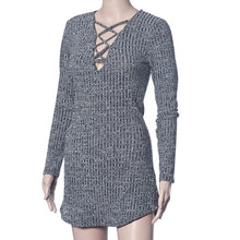 Women Dress Sexy Women Lace Up Long Sleeved V Neck Elasticity Cotton Dresses Bodycon Mini Dress J4U66
