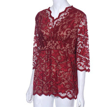 Women Plus Size Lace Shirt Hollow Casual Three Quarter Woman Red Lace Blouse Shirt  J4U66