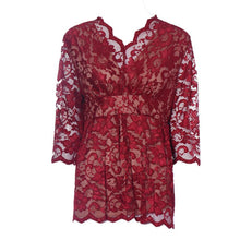 Women Plus Size Lace Shirt Hollow Casual Three Quarter Woman Red Lace Blouse Shirt  J4U66