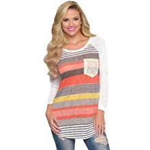 Women Raglans Baseball T Shirt Lace Pocket Slogan Tee Shirts Fashion Stripe Long Sleeve Boho Style Tops J4U66