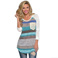 Women Raglans Baseball T Shirt Lace Pocket Slogan Tee Shirts Fashion Stripe Long Sleeve Boho Style Tops J4U66