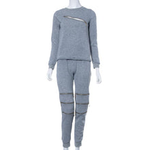 Women Sexy Zipper Leisure Round Neck Sweater Fleece T-shirt and Trousers Two Pieces Suit Cloth  J4U66