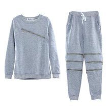 Women Sexy Zipper Leisure Round Neck Sweater Fleece T-shirt and Trousers Two Pieces Suit Cloth  J4U66
