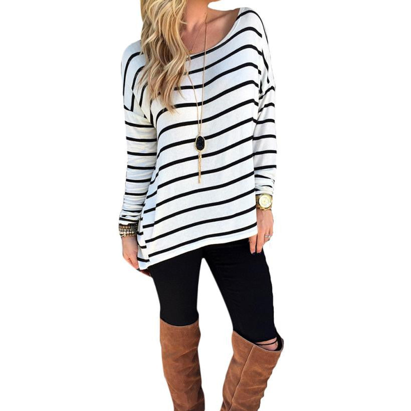 Women's Tops Fashion Casual Long Sleeve Stripe Tops Slim T-shirt Women Tee Shirt Poleras Harajuku J4U66